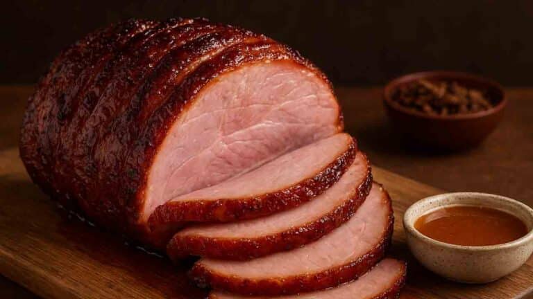 Double smoked spiral-cut honey glazed ham on a wooden board with a bowl of honey glaze.