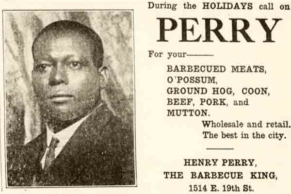 Henry Perry shaping American BBQ history as Father of Kansas City BBQ in 1917 advertisement