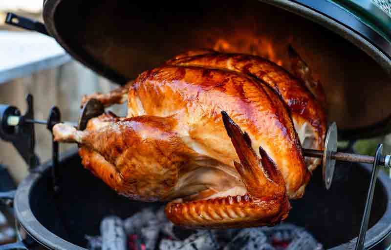 Juicy rotisserie brined turkey on Big Green Egg with pecan smoke – ultimate Thanksgiving turkey recipe
