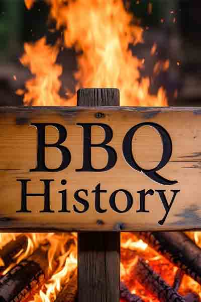 Rustic wooden sign reading 'American BBQ History' glowing by a crackling campfire, symbolizing the enduring flames of American BBQ traditions and contributors in our 2025 series for the BBQ History Summary