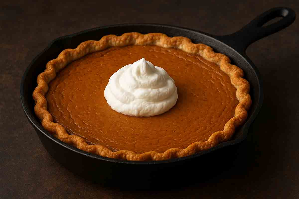 Smoked Pumpkin Pie with Smoked Whipped Cream – Cast Iron Skillet Recipe - Popular BBQ Smoked pumpkin pie in cast iron skillet topped with homemade smoked whipped cream