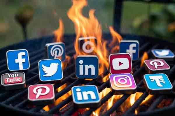 Social media icons sizzling on a hot BBQ grill, symbolizing digital influencers and online pioneers in American BBQ history