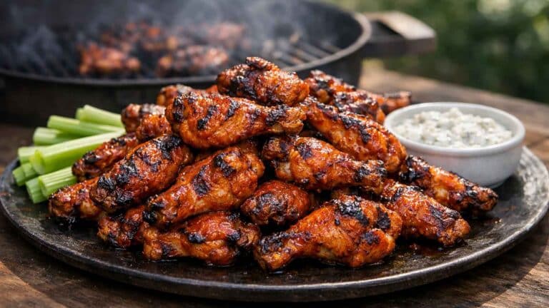 Grilled Buffalo wings with crispy skin and classic Buffalo sauce on a platter