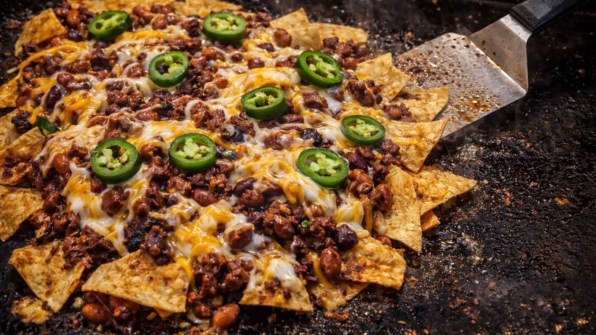 griddle nachos being built with chips - Popular BBQ Overtime on the Blackstone griddle nachos being built with chips, meat, and melted cheese