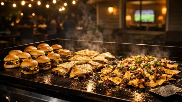 Overtime on the Blackstone flat top griddle loaded with sliders, quesadillas, and nachos during a nighttime football watch party