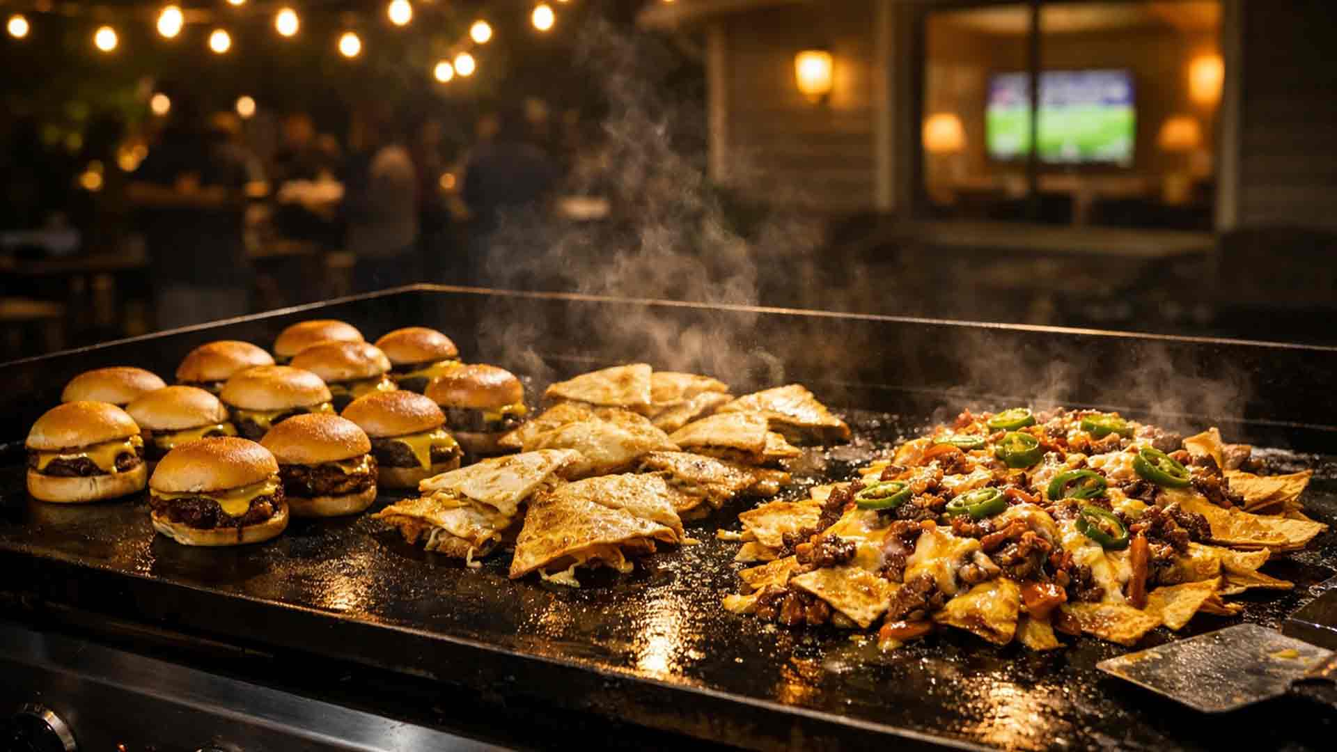 Overtime on the Blackstone – Game Day Griddle Food - Popular BBQ Overtime on the Blackstone flat top griddle loaded with sliders, quesadillas, and nachos during a nighttime football watch party