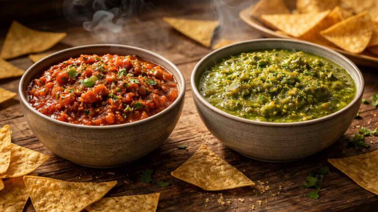 Two bowls of red smoked tomato salsa and green smoked salsa verde with tortilla chips