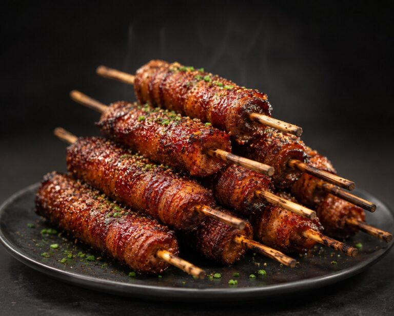 Stack of bacon-wrapped smoked pork belly lollipops on bamboo skewers — pitmaster hero shot with steam and chive garnish on a dark plate