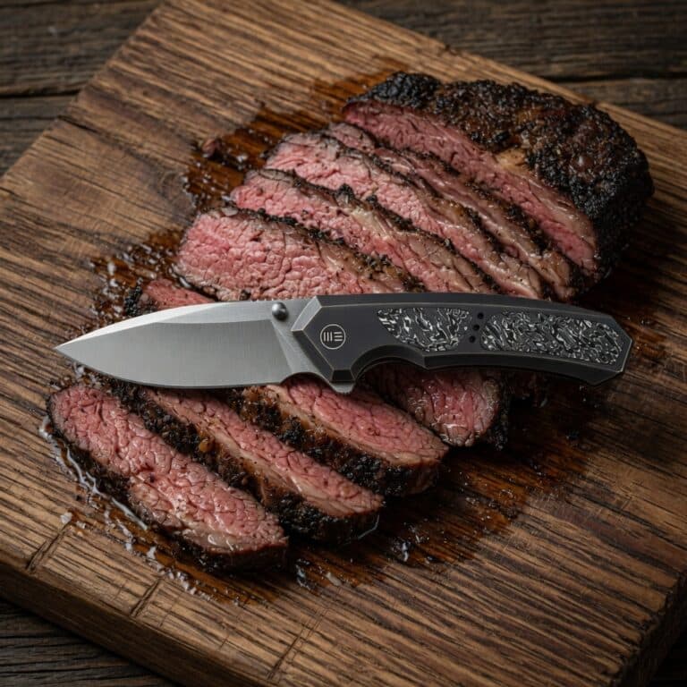 Sliced medium-rare steak arranged on a rustic wooden board with juices, a folding knife resting on top.