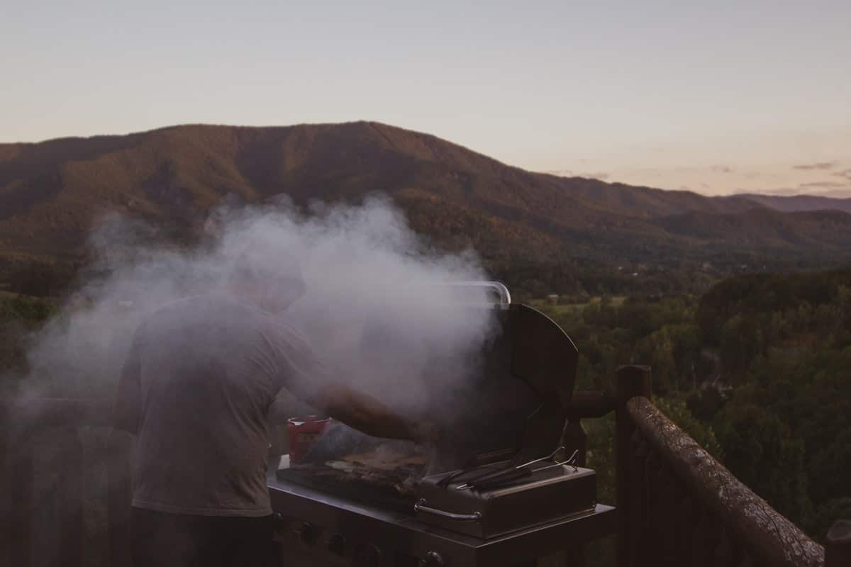 National BBQ Day pitmaster grilling beside brown fence in the backyard