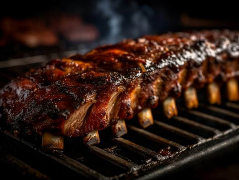 Individual smoked party ribs cut from a rack on a pellet smoker grate, bark caramelized on all sides