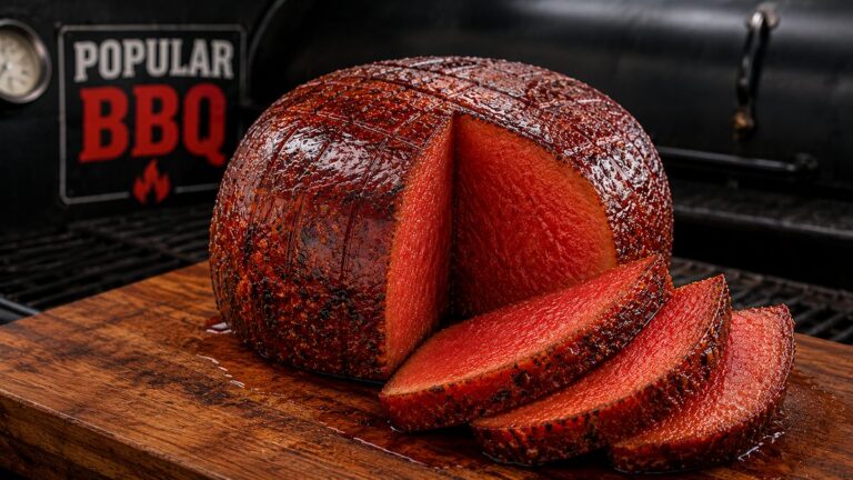 Smoked watermelon ham, sliced and glazed on a wooden cutting board with a backyard smoker behind it — looks identical to a Christmas ham
