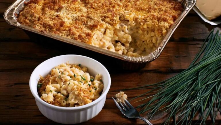 Creamy smoked gouda mac and cheese in a cast iron skillet