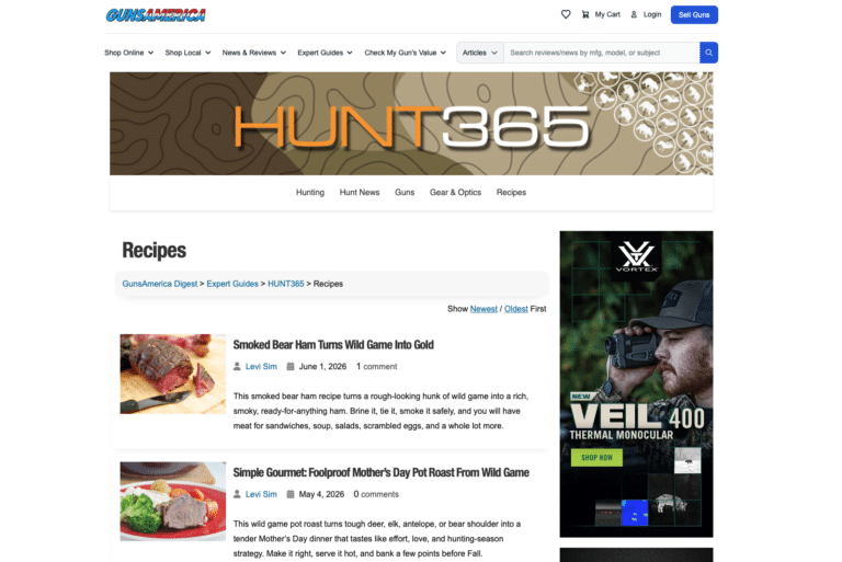 Screenshot of the GunsAmerica Recipes page showing header, navigation bar, a large banner, and a list of recipe articles with images and text on a two-column layout.