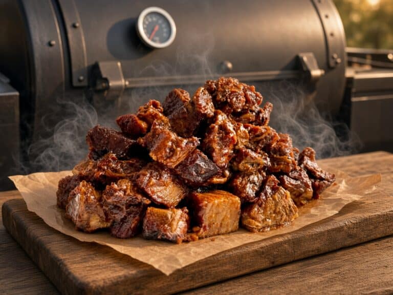 Pile of glossy smoked beef burnt ends on parchment, steaming on a wooden board with a grill in the background