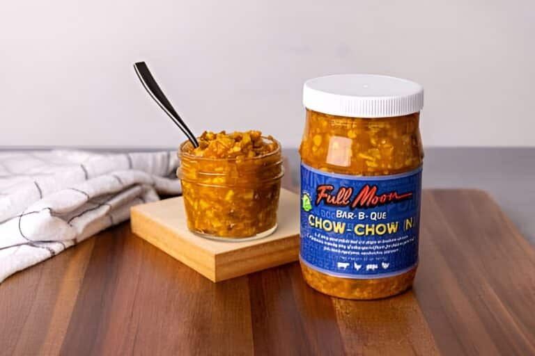 Southern Chow Chow relish in a jar, featuring green tomatoes, onions, and bell peppers