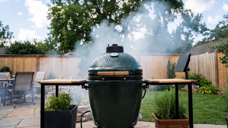 Green kamado-style grill smoking in a backyard, with wooden side tables on each side and potted plants nearby.