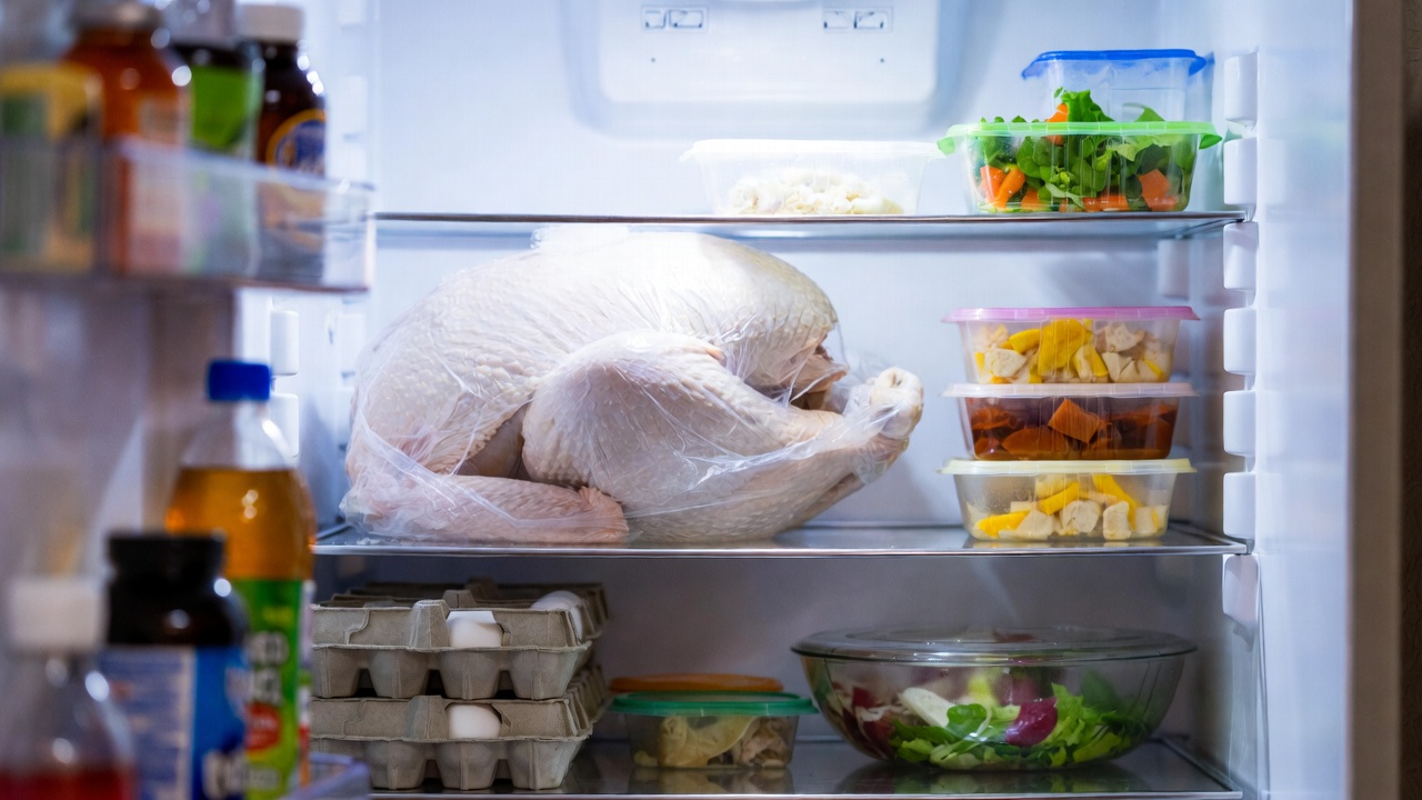 Turkey being thawed in the refrigerator - Popular BBQ Whole turkey thawing in a refrigerator with meal-prep containers of vegetables and eggs on the shelves.