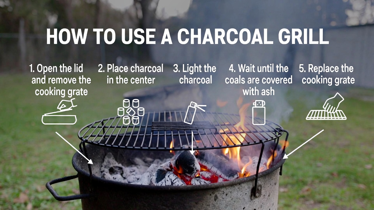how to use a charcoal grill - Popular BBQ Five-step guide to using a charcoal grill shown as icons and text over a lit grill: open lid, add coals, light, ash, replace grate.