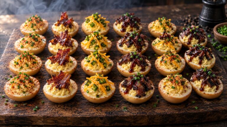 Two dozen smoked deviled eggs on a dark wood board, topped with paprika and chives, candied bacon, jalapeno cheddar and brisket