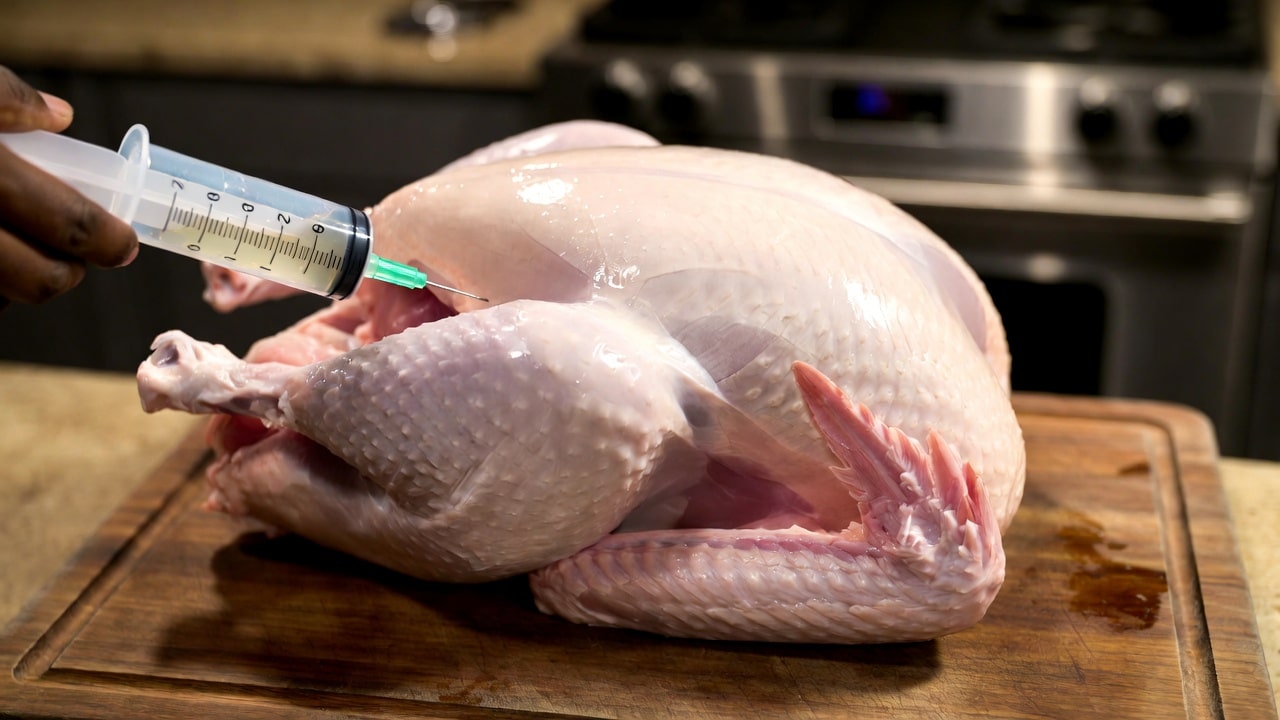 Raw whole turkey on a cutting board being injected with a syringe in a home kitchen, preparing for brining or stuffing the meat