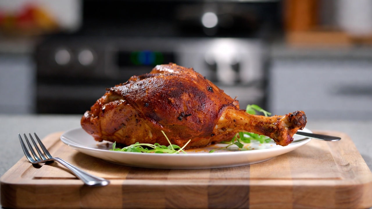 Crispy roasted chicken leg on a white plate with greens, set on a wooden cutting board in a kitchen.