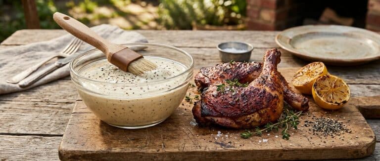 Bowl of Alabama white barbecue sauce with a brush next to smoked chicken quarters