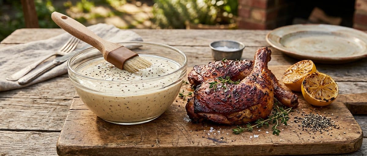 Bowl of Alabama white barbecue sauce with a brush next to smoked chicken quarters