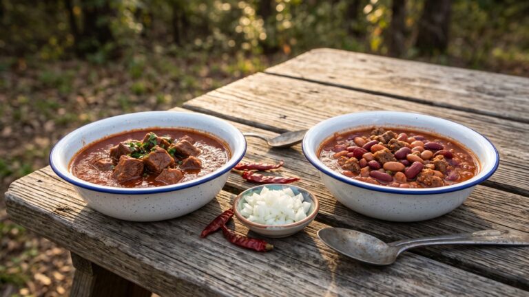 Beans in chili: two bowls side by side, a beanless Texas-style red chili with cubed beef and a beef chili with kidney and pinto beans