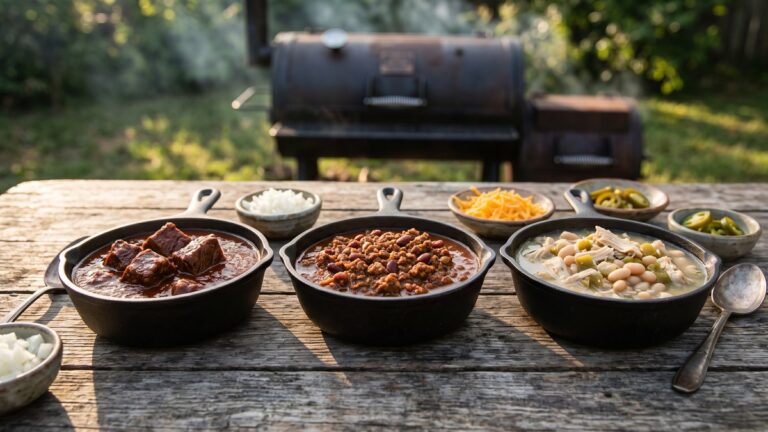 Best meat for chili: three bowls side by side, cubed beef chuck chili, ground beef chili and white chicken chili with shredded thighs