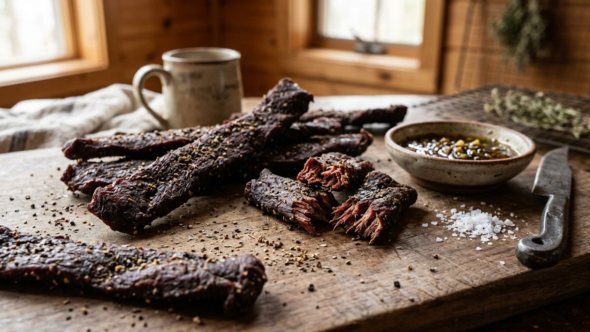 Deer jerky recipe: strips of homemade smoked venison jerky with cracked pepper on a wooden board
