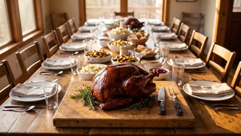 How much turkey per person: a whole smoked turkey with mahogany skin on a carving board at the center of a long table set for a crowd