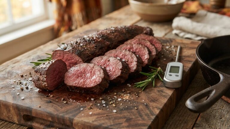 Smoked venison backstrap sliced on an end-grain cutting board, with a dark crust, a rosy center and a probe thermometer beside it