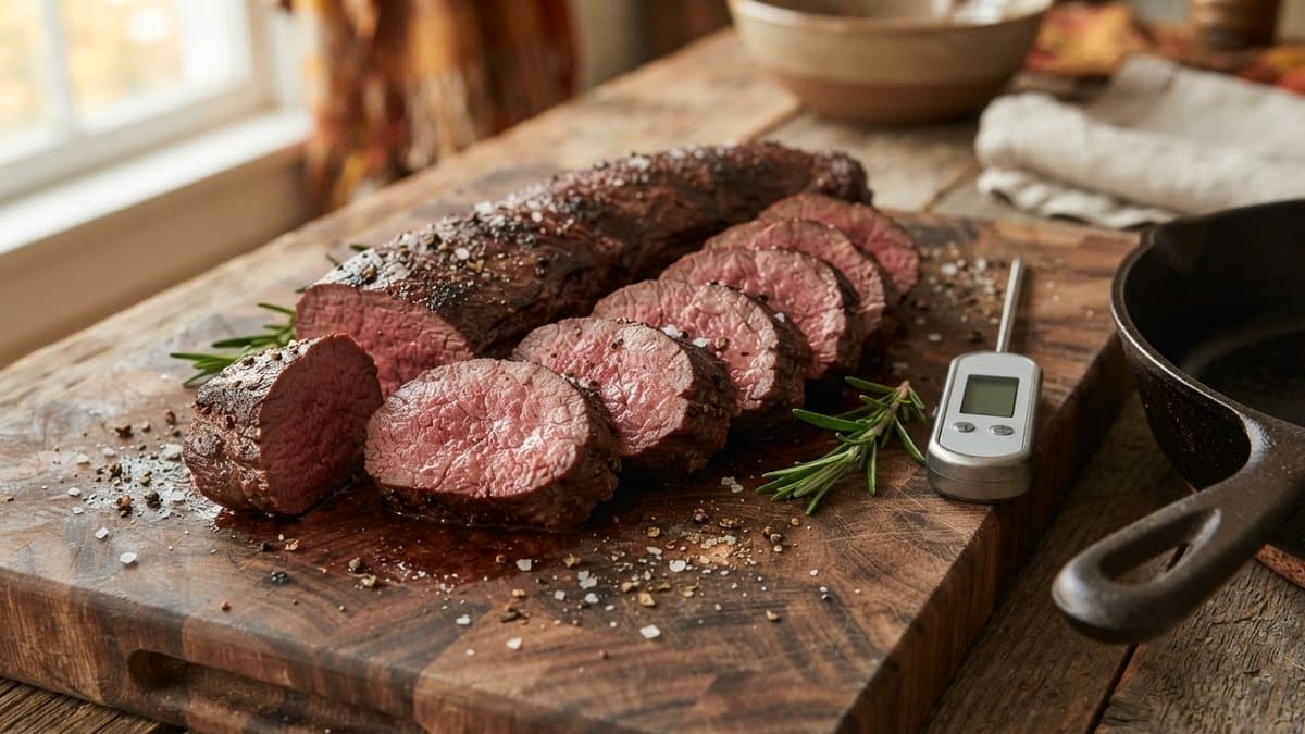Smoked venison backstrap sliced on an end-grain cutting board, with a dark crust, a rosy center and a probe thermometer beside it