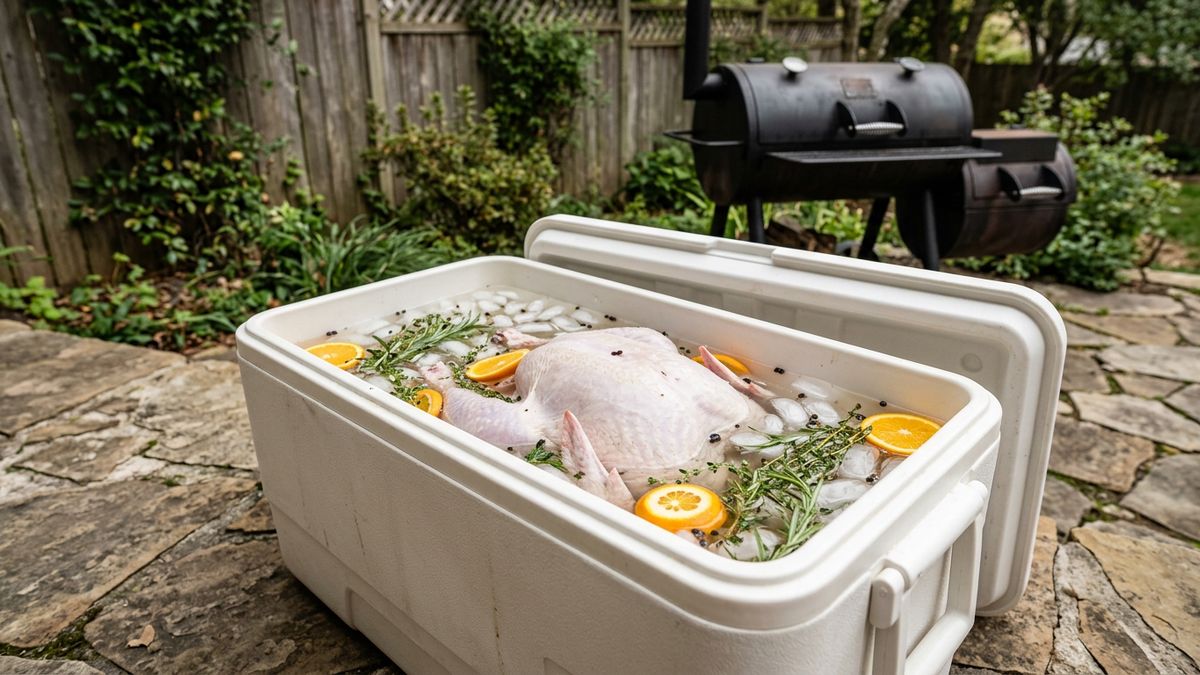 Turkey brine for smoking: a whole turkey in salt brine with herbs and orange slices inside a cooler